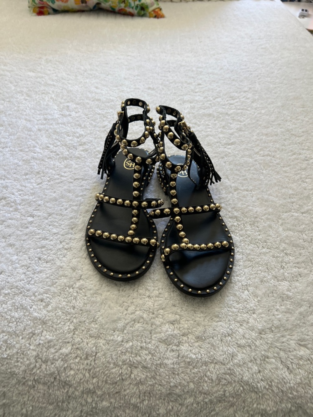 Ash Black Studded Gladiator Sandals with Gold Studs